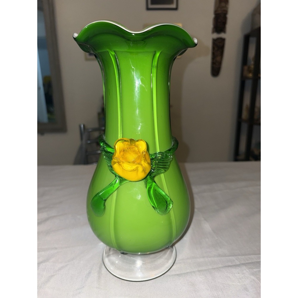 VTG Murano Style Cased Green Glass Vase Applied Yellow Rose Ruffled Rim 12.5"